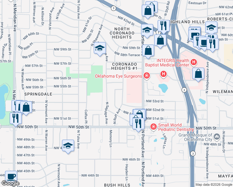 map of restaurants, bars, coffee shops, grocery stores, and more near 5552 North Shawnee Avenue in Oklahoma City