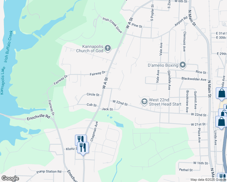 map of restaurants, bars, coffee shops, grocery stores, and more near 1920 Crestmont Street in Kannapolis