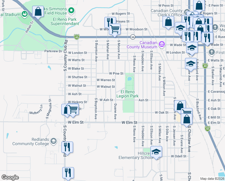 map of restaurants, bars, coffee shops, grocery stores, and more near 713 South Mahan Avenue in El Reno