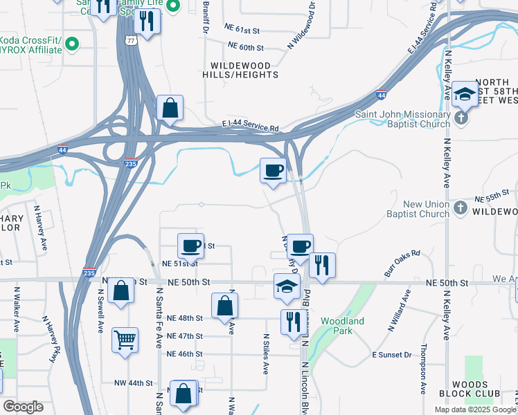 map of restaurants, bars, coffee shops, grocery stores, and more near 500 Central Park Drive in Oklahoma City