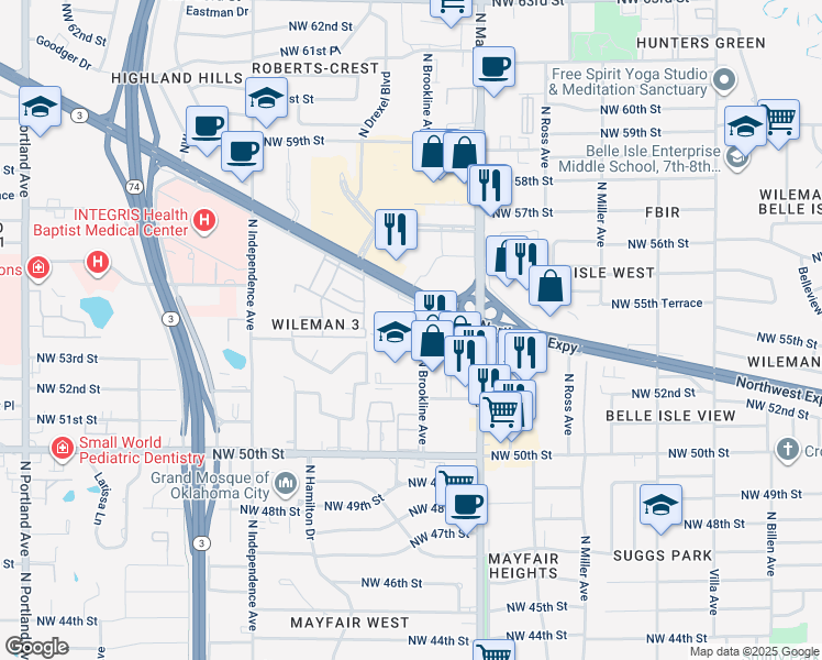 map of restaurants, bars, coffee shops, grocery stores, and more near 5505 North Brookline Avenue in Oklahoma City