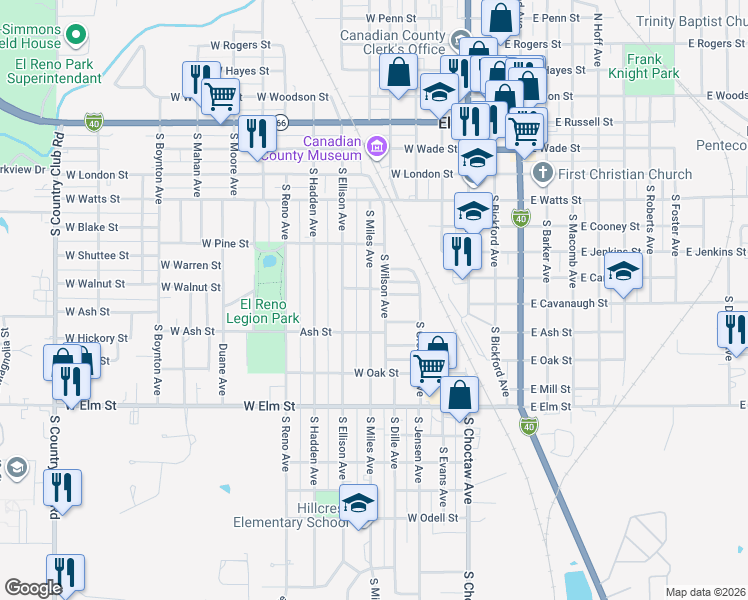 map of restaurants, bars, coffee shops, grocery stores, and more near 711 South Miles Avenue in El Reno