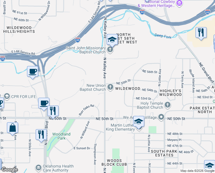 map of restaurants, bars, coffee shops, grocery stores, and more near 1100 Northeast 55th Street in Oklahoma City