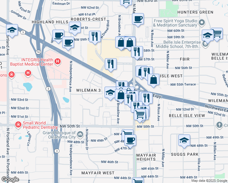 map of restaurants, bars, coffee shops, grocery stores, and more near 5505 North Brookline Avenue in Oklahoma City