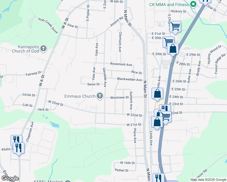 map of restaurants, bars, coffee shops, grocery stores, and more near 2407 Brookside Avenue in Kannapolis
