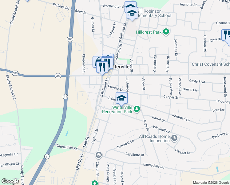 map of restaurants, bars, coffee shops, grocery stores, and more near 2614 Church Street in Winterville