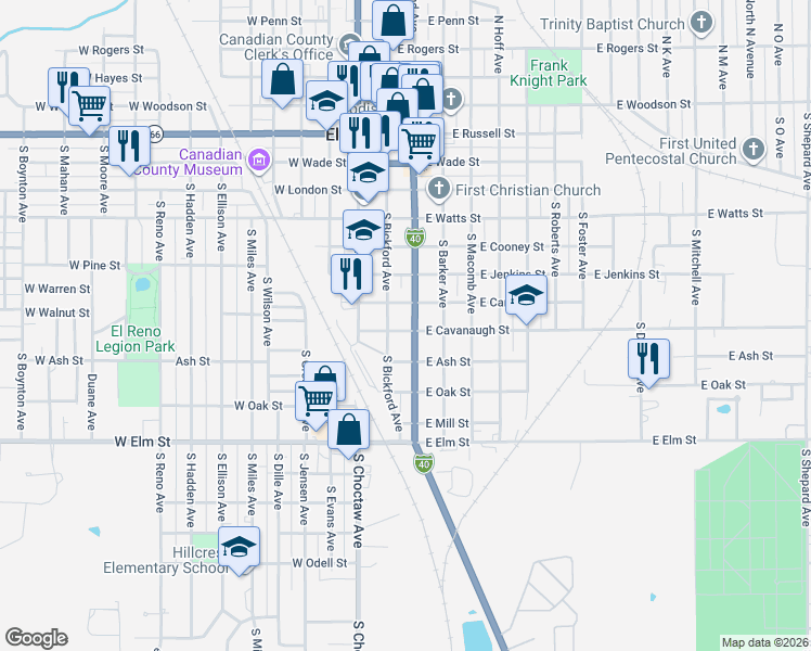 map of restaurants, bars, coffee shops, grocery stores, and more near 820 South Rock Island Avenue in El Reno