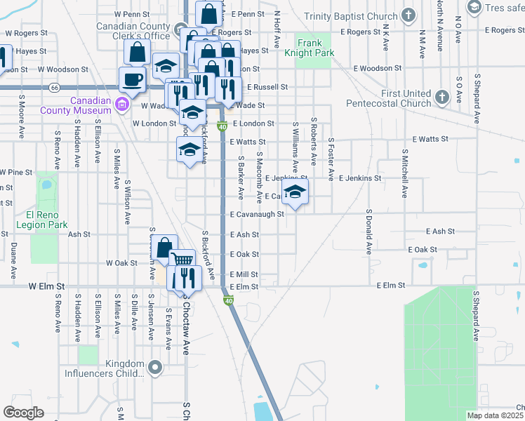map of restaurants, bars, coffee shops, grocery stores, and more near 819 South Macomb Avenue in El Reno