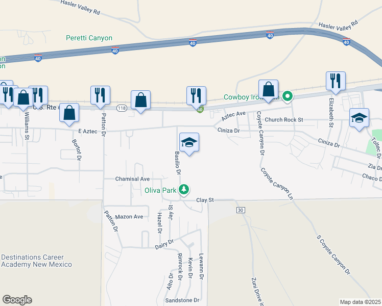map of restaurants, bars, coffee shops, grocery stores, and more near 345 Basilio Drive in Gallup