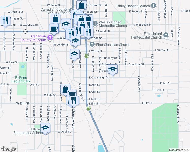 map of restaurants, bars, coffee shops, grocery stores, and more near 821 South Barker Avenue in El Reno