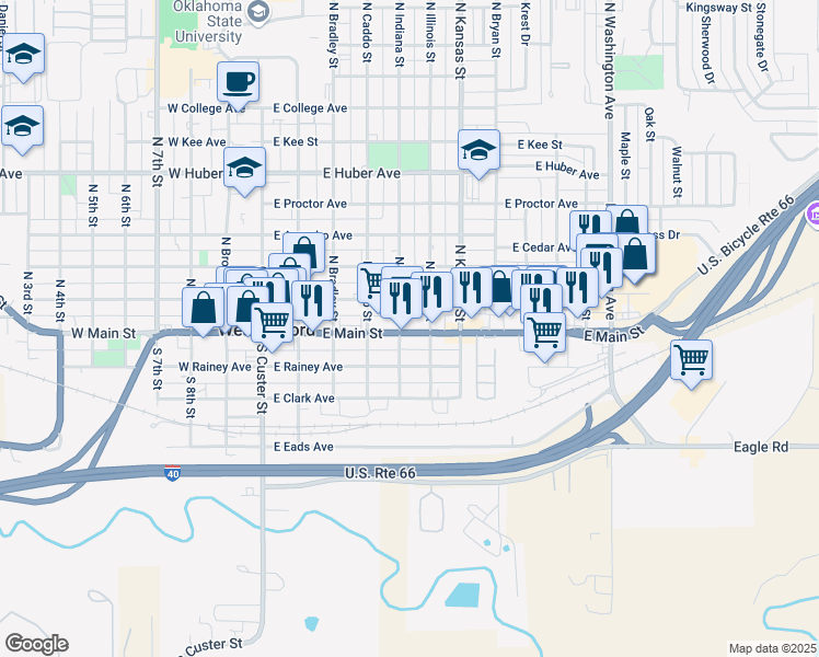 map of restaurants, bars, coffee shops, grocery stores, and more near 500 East Main Street in Weatherford