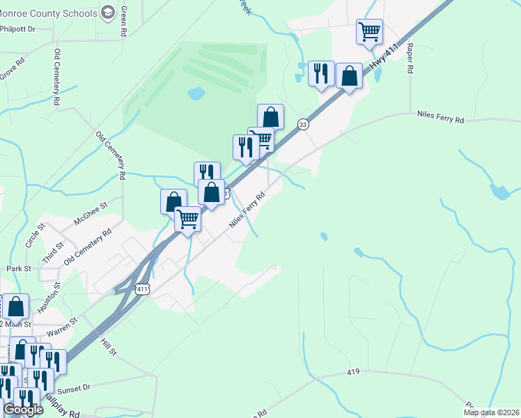 map of restaurants, bars, coffee shops, grocery stores, and more near 915 Niles Ferry Road in Madisonville