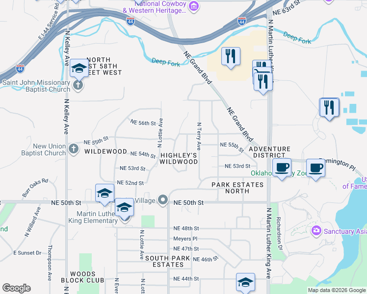 map of restaurants, bars, coffee shops, grocery stores, and more near 5600 Timber Lane in Oklahoma City