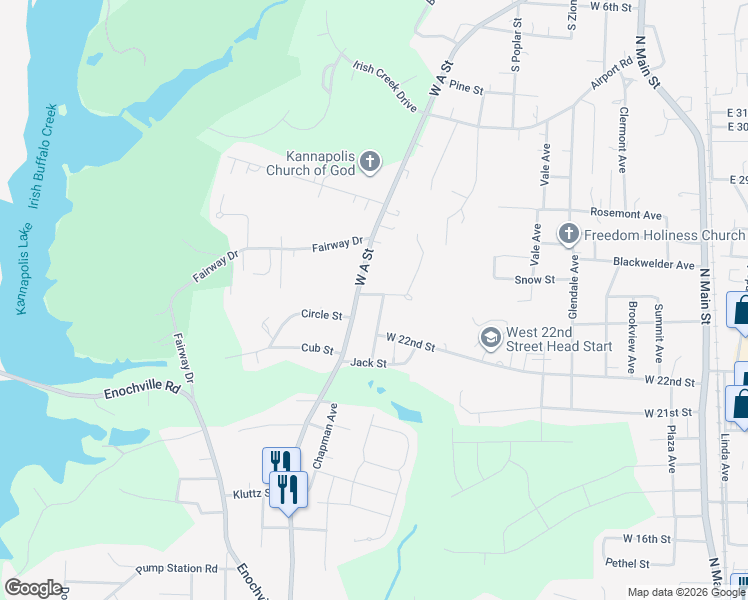map of restaurants, bars, coffee shops, grocery stores, and more near 1920 Crestmont Street in Kannapolis