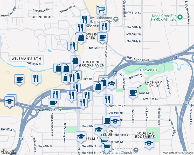 map of restaurants, bars, coffee shops, grocery stores, and more near 1130 Northwest 53rd Street in Oklahoma City