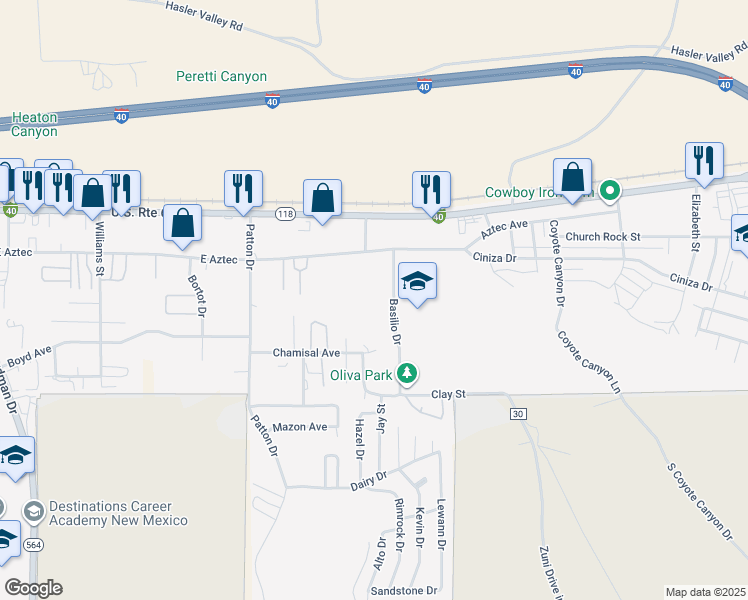 map of restaurants, bars, coffee shops, grocery stores, and more near 350 Basilio Drive in Gallup