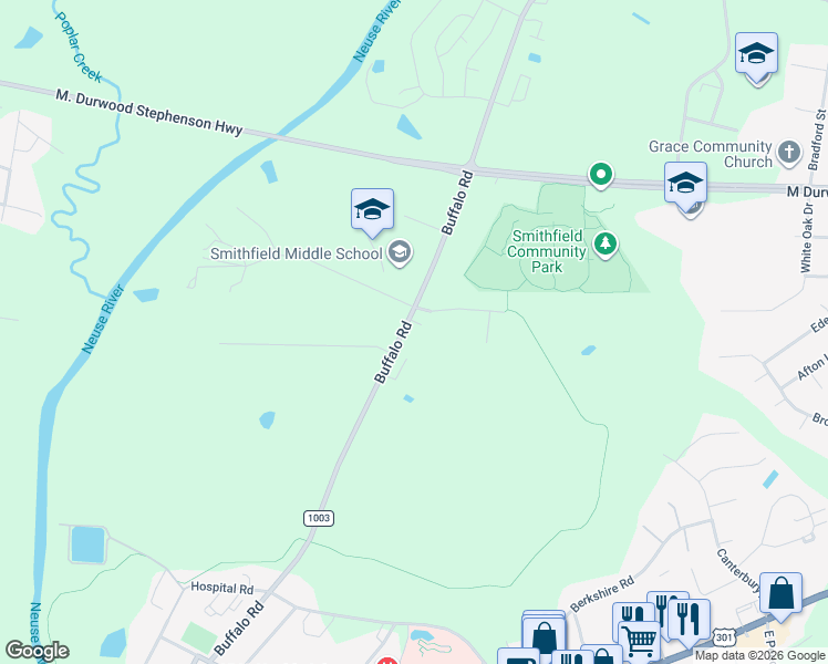 map of restaurants, bars, coffee shops, grocery stores, and more near 1270 Buffalo Road in Smithfield