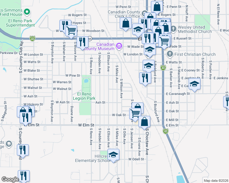 map of restaurants, bars, coffee shops, grocery stores, and more near 711 South Miles Avenue in El Reno