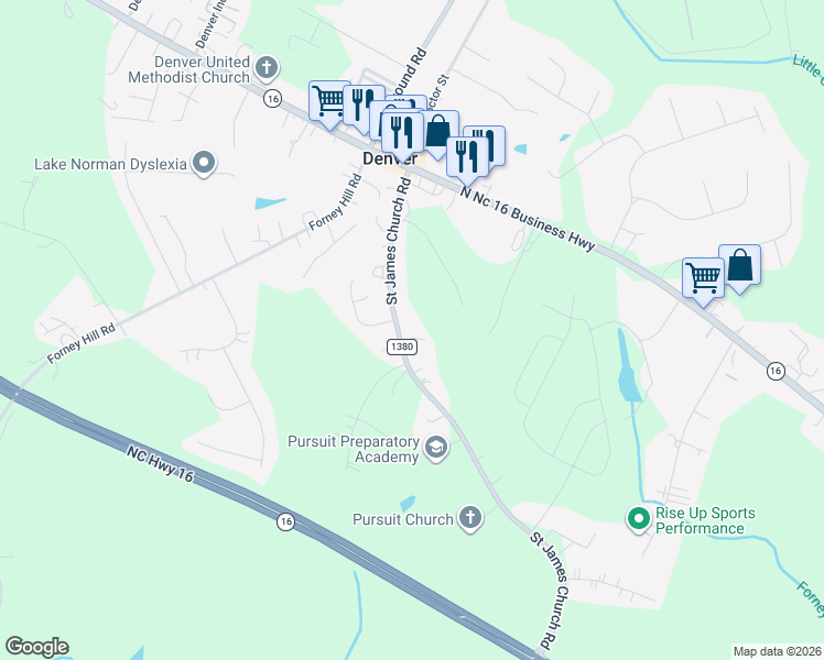 map of restaurants, bars, coffee shops, grocery stores, and more near 3390 Saint James Church Road in Denver