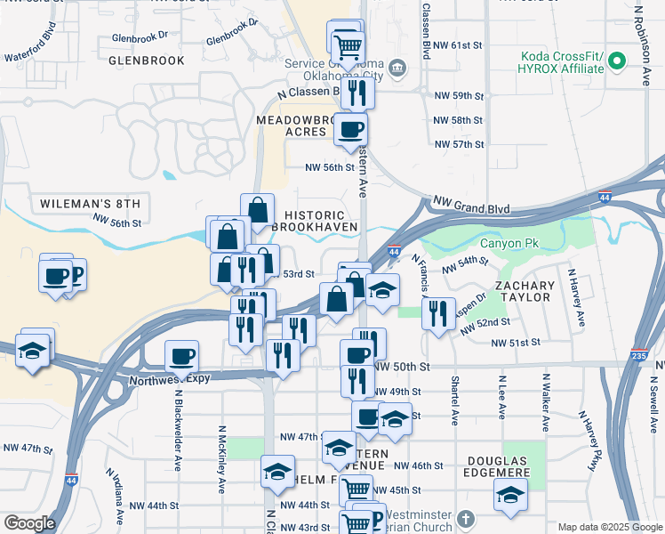map of restaurants, bars, coffee shops, grocery stores, and more near 1130 Northwest 53rd Street in Oklahoma City
