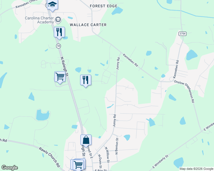 map of restaurants, bars, coffee shops, grocery stores, and more near 599 Junny Road in Angier