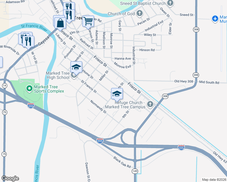 map of restaurants, bars, coffee shops, grocery stores, and more near 617 Home St in Marked Tree