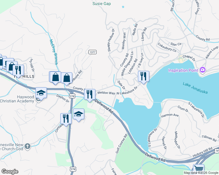 map of restaurants, bars, coffee shops, grocery stores, and more near 125 North Lakeshore Drive in Lake Junaluska