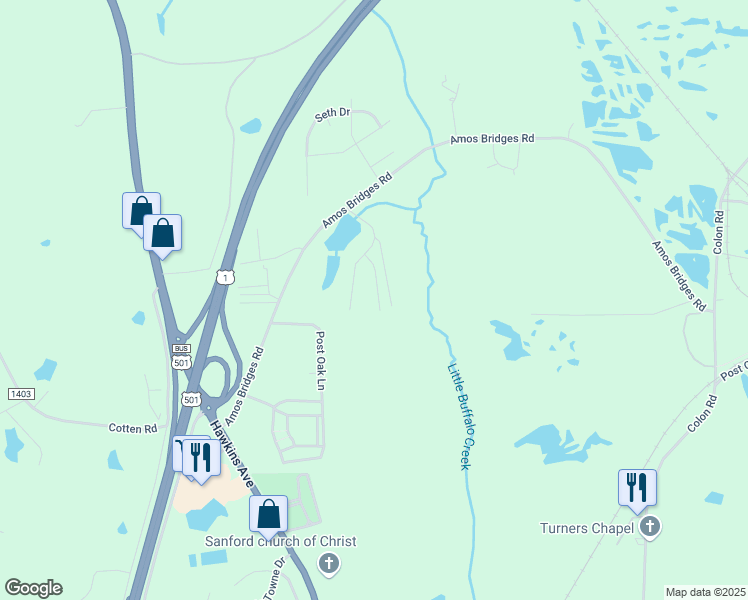 map of restaurants, bars, coffee shops, grocery stores, and more near 2709 Sunnybrook Drive in Sanford