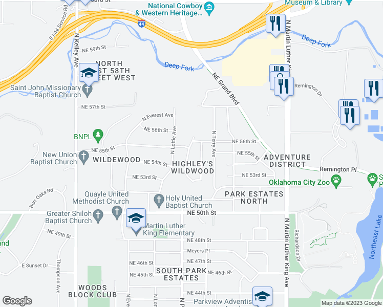 map of restaurants, bars, coffee shops, grocery stores, and more near 5608 Highley Drive in Oklahoma City
