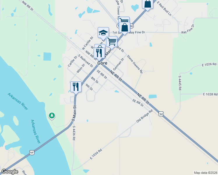 map of restaurants, bars, coffee shops, grocery stores, and more near 212 Southwest Railroad Street in Gore