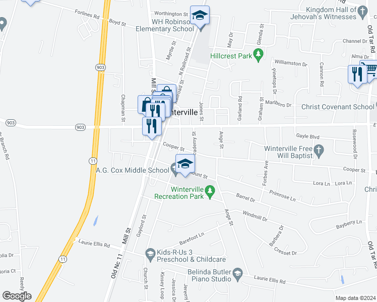 map of restaurants, bars, coffee shops, grocery stores, and more near 220 Cooper Street in Winterville