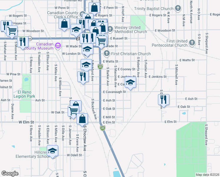 map of restaurants, bars, coffee shops, grocery stores, and more near 821 South Barker Avenue in El Reno