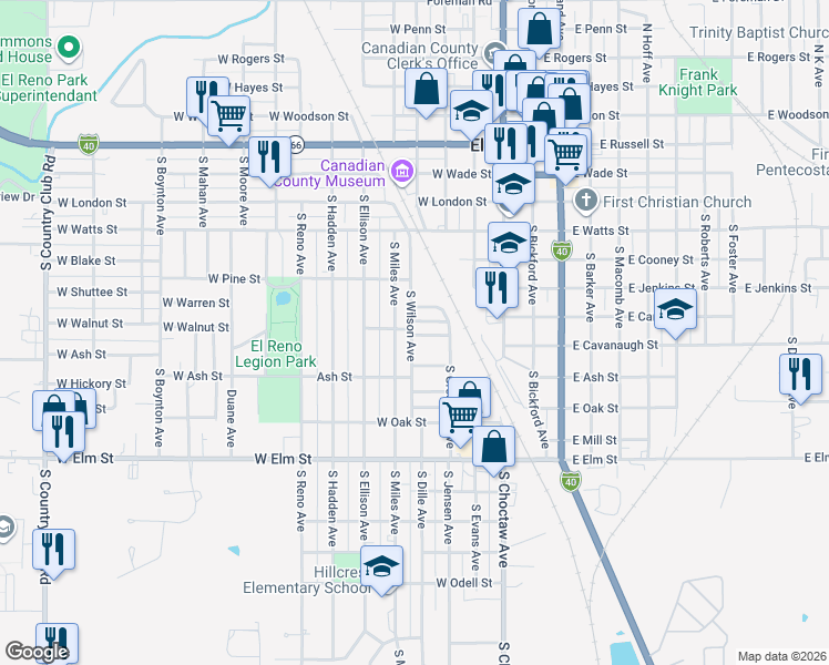 map of restaurants, bars, coffee shops, grocery stores, and more near 711 South Miles Avenue in El Reno