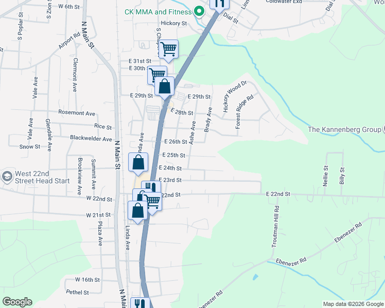 map of restaurants, bars, coffee shops, grocery stores, and more near 2405 Ashe Avenue in Kannapolis