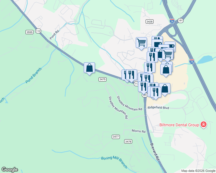 map of restaurants, bars, coffee shops, grocery stores, and more near 134 Stradley Mountain Road in Asheville