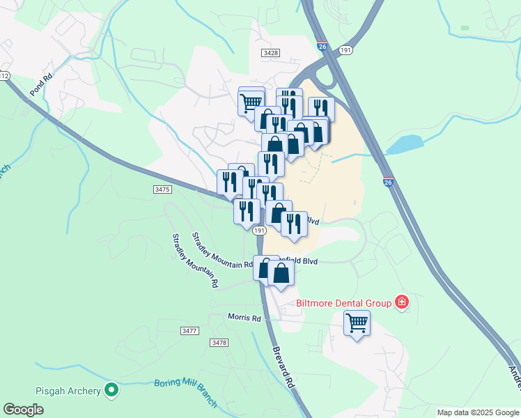 map of restaurants, bars, coffee shops, grocery stores, and more near Brevard Rd & Sardis Rd in Asheville