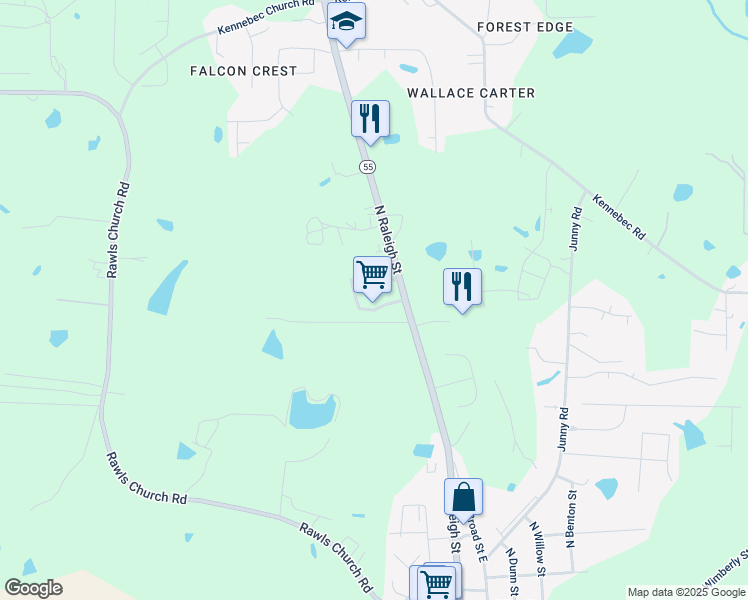 map of restaurants, bars, coffee shops, grocery stores, and more near 1363 North Raleigh Street in Angier