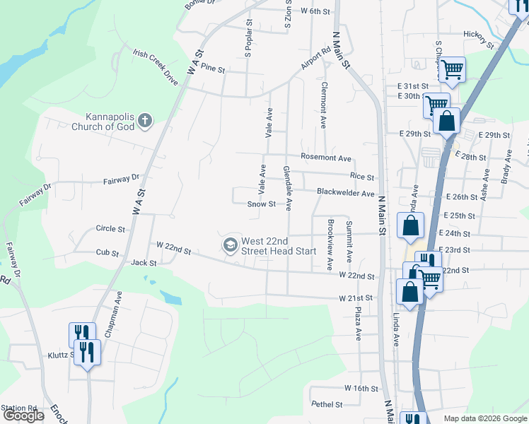 map of restaurants, bars, coffee shops, grocery stores, and more near 2405 Vale Avenue in Kannapolis