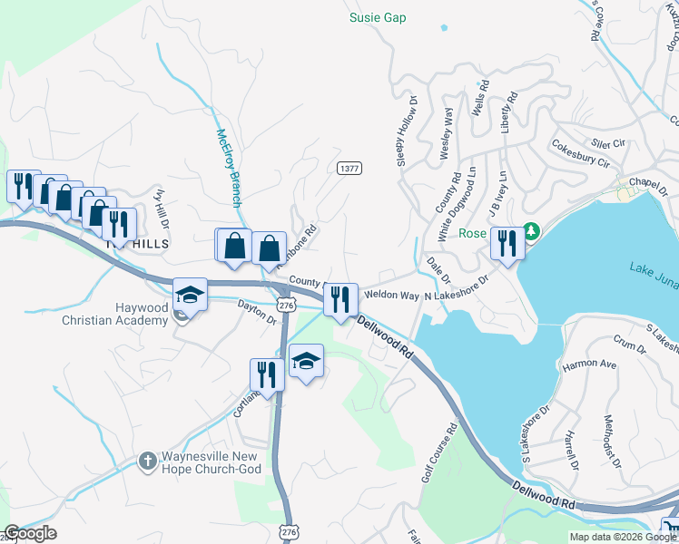 map of restaurants, bars, coffee shops, grocery stores, and more near 177 Weldon Way in Waynesville