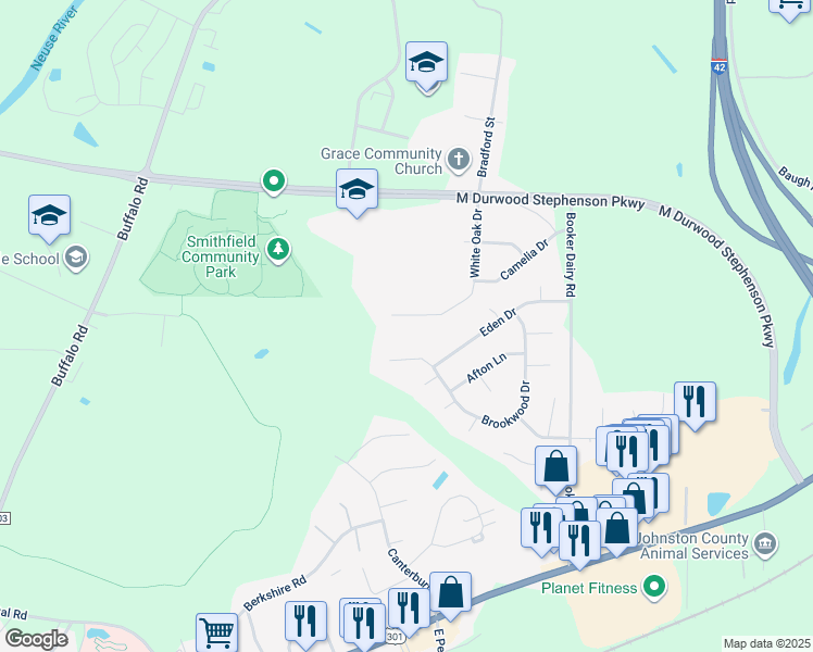 map of restaurants, bars, coffee shops, grocery stores, and more near 55 White Oak Drive in Smithfield