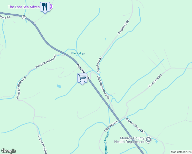 map of restaurants, bars, coffee shops, grocery stores, and more near 130 Old Christianburg Road in Sweetwater