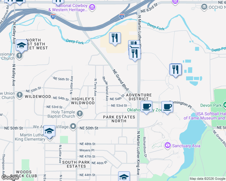 map of restaurants, bars, coffee shops, grocery stores, and more near 1808 Northeast 55th Street in Oklahoma City