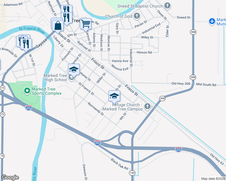 map of restaurants, bars, coffee shops, grocery stores, and more near 617 Home Street in Marked Tree