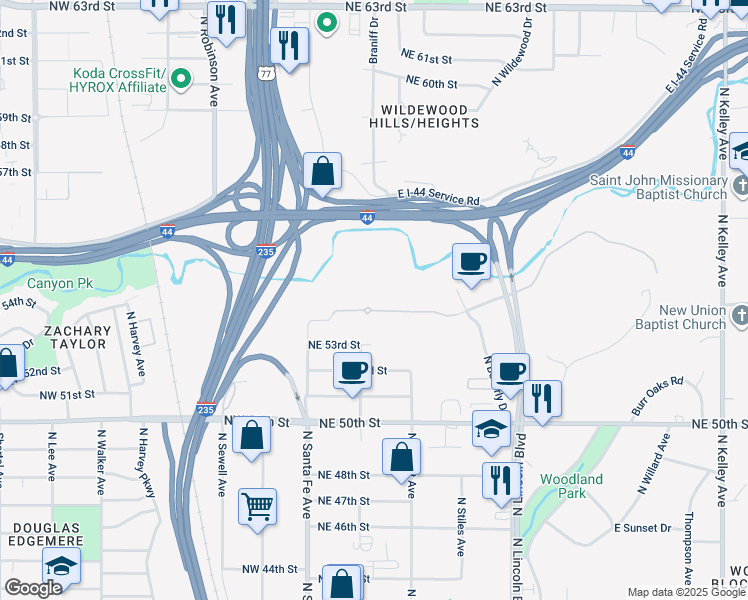 map of restaurants, bars, coffee shops, grocery stores, and more near 500 Central Park Drive in Oklahoma City