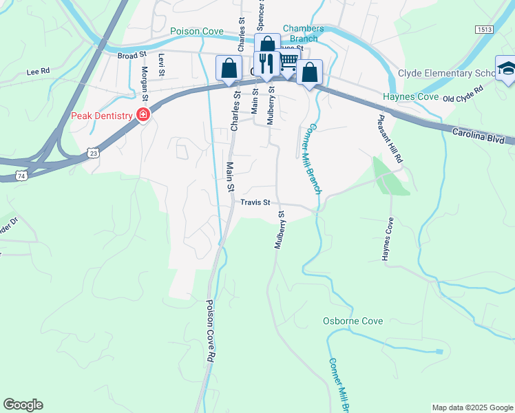 map of restaurants, bars, coffee shops, grocery stores, and more near 88 Travis Street in Clyde