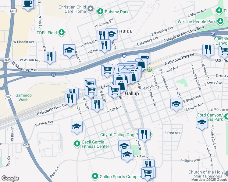 map of restaurants, bars, coffee shops, grocery stores, and more near 306 West Coal Avenue in Gallup
