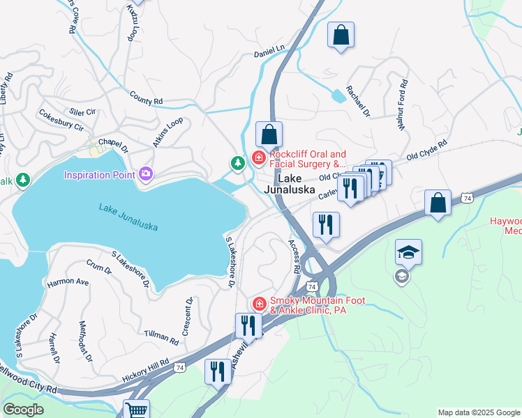 map of restaurants, bars, coffee shops, grocery stores, and more near 1465 South Lakeshore Drive in Lake Junaluska