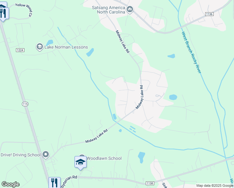 map of restaurants, bars, coffee shops, grocery stores, and more near Tessies Lane in Mooresville
