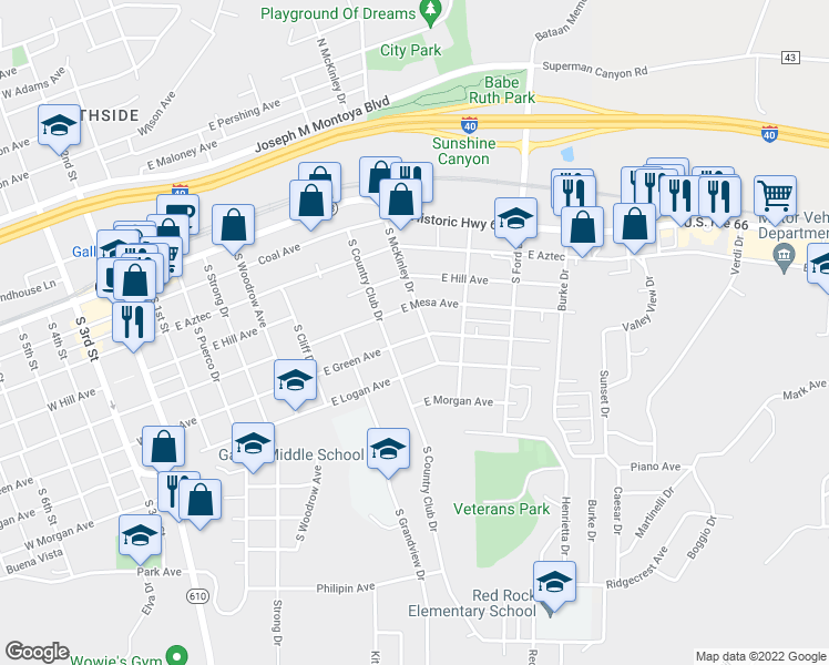 map of restaurants, bars, coffee shops, grocery stores, and more near 711 East Green Avenue in Gallup