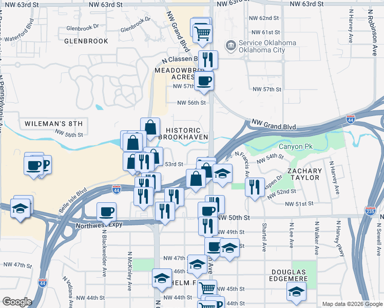 map of restaurants, bars, coffee shops, grocery stores, and more near 1130 Northwest 53rd Street in Oklahoma City